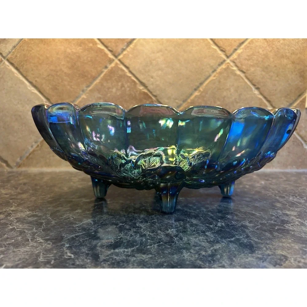 VTG Indiana Iridescent Carnival Glass BLUE Harvest Grape Footed Fruit Bowl
